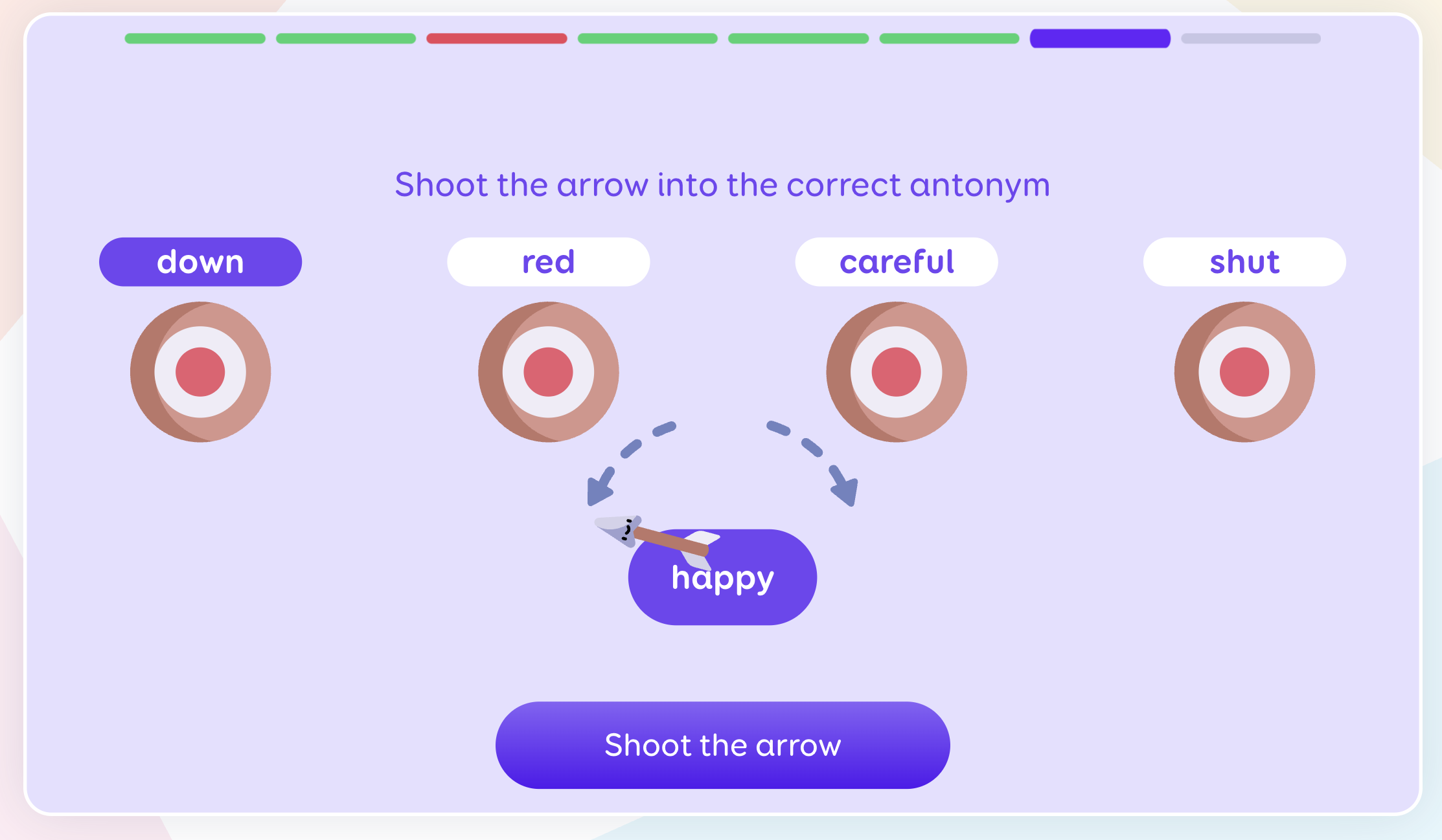 11+ antonym puzzle asking the learner to shoot an arrow at the opposite word