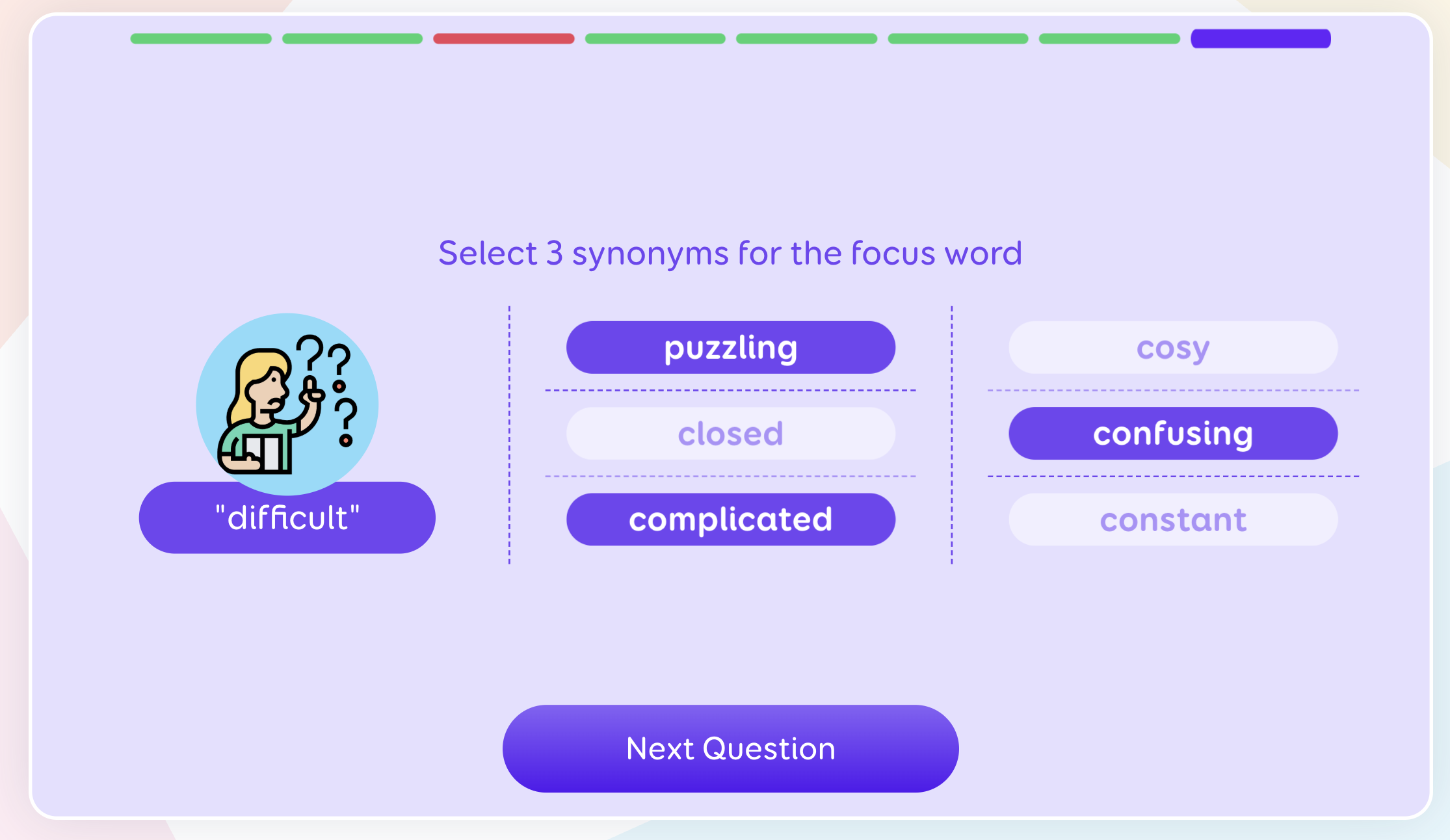 11+ synonym puzzle asking the learner to select three similar words