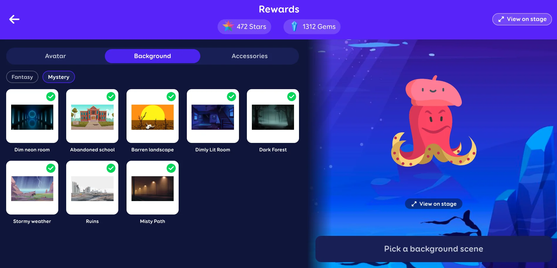 ChatterStars rewards screen for choosing an avatar, background and accessories