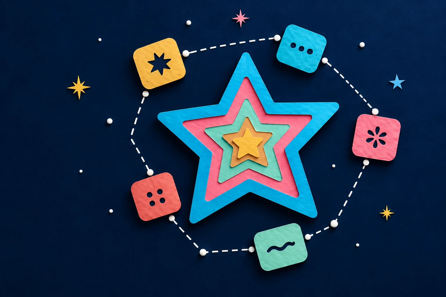 A colourful layered star surrounded by orbiting word-learning tiles
