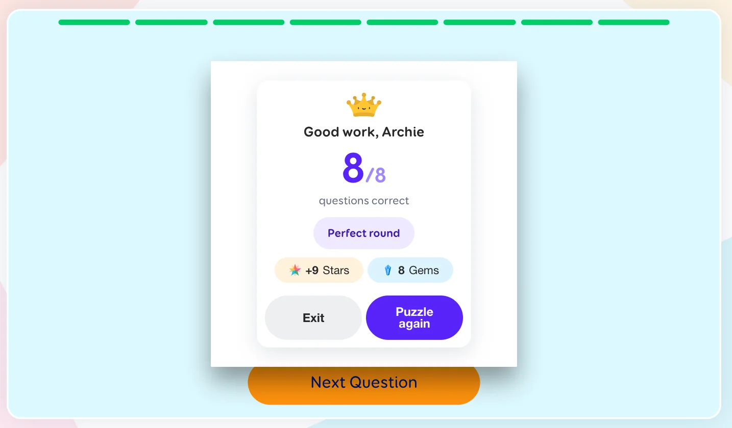 A ChatterStars results screen celebrating a completed puzzle round