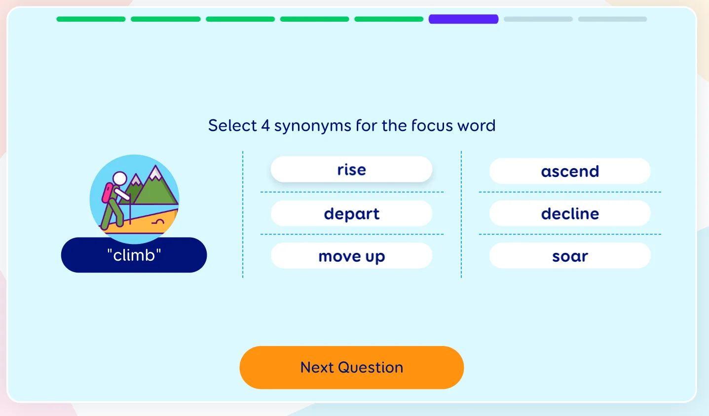 A ChatterStars activity selecting synonyms for a focus word